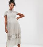 Chi Chi London Maternity Lace Midi Dress With Pleated Skirt In Gray