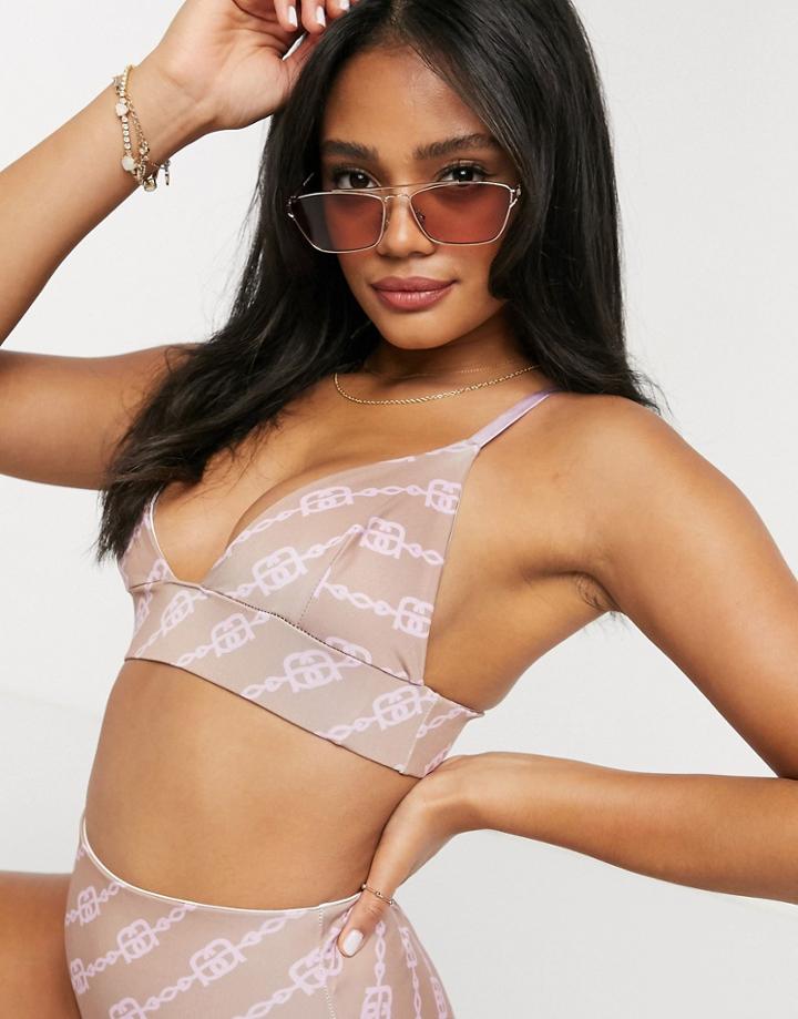 Asos Design V Neck Deep Band Bikini Top With Contrast Straps In Graphic Chain Print-multi
