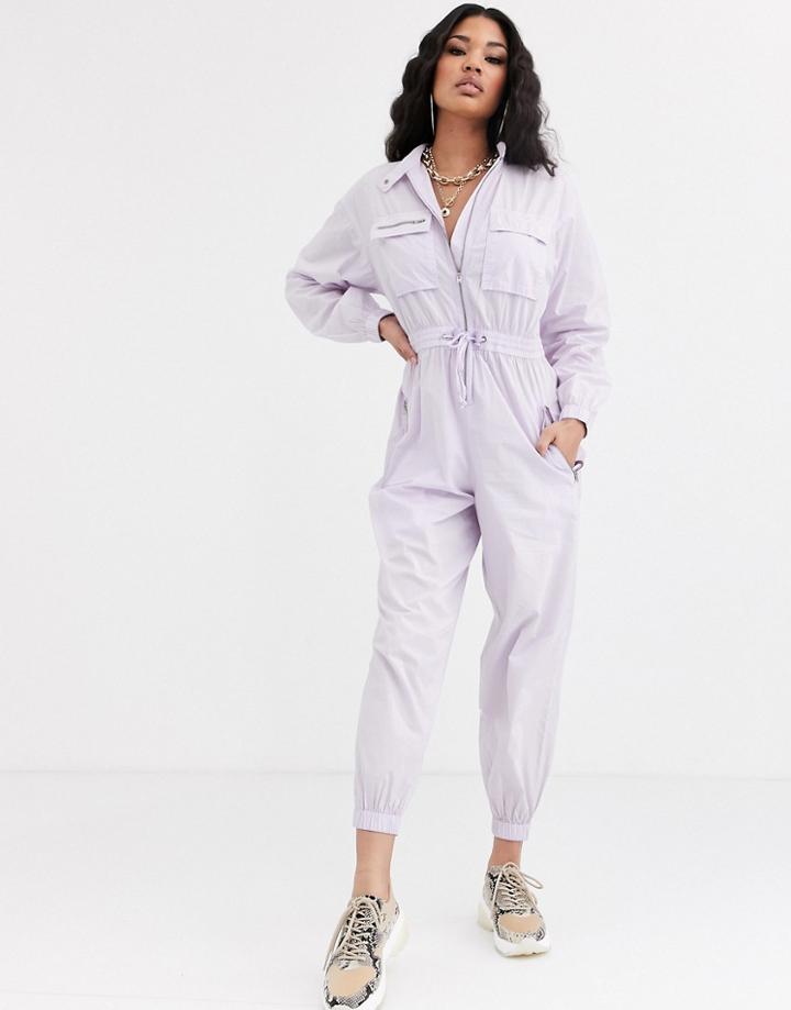 Asos Design Shell Boilersuit With Tie Waist-purple