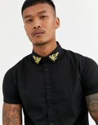 Siksilk Muscle Fit Short Sleeve Shirt In Black With Gold Collar Detail