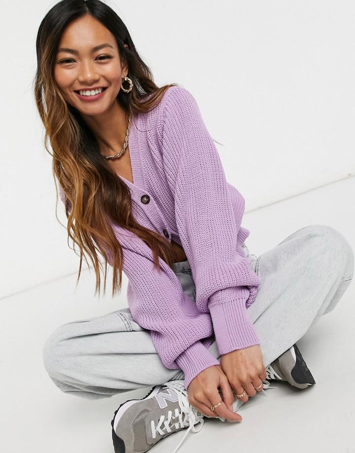 Glamorous Cropped Knit Cardigan With Balloon Sleeves In Lilac-purple