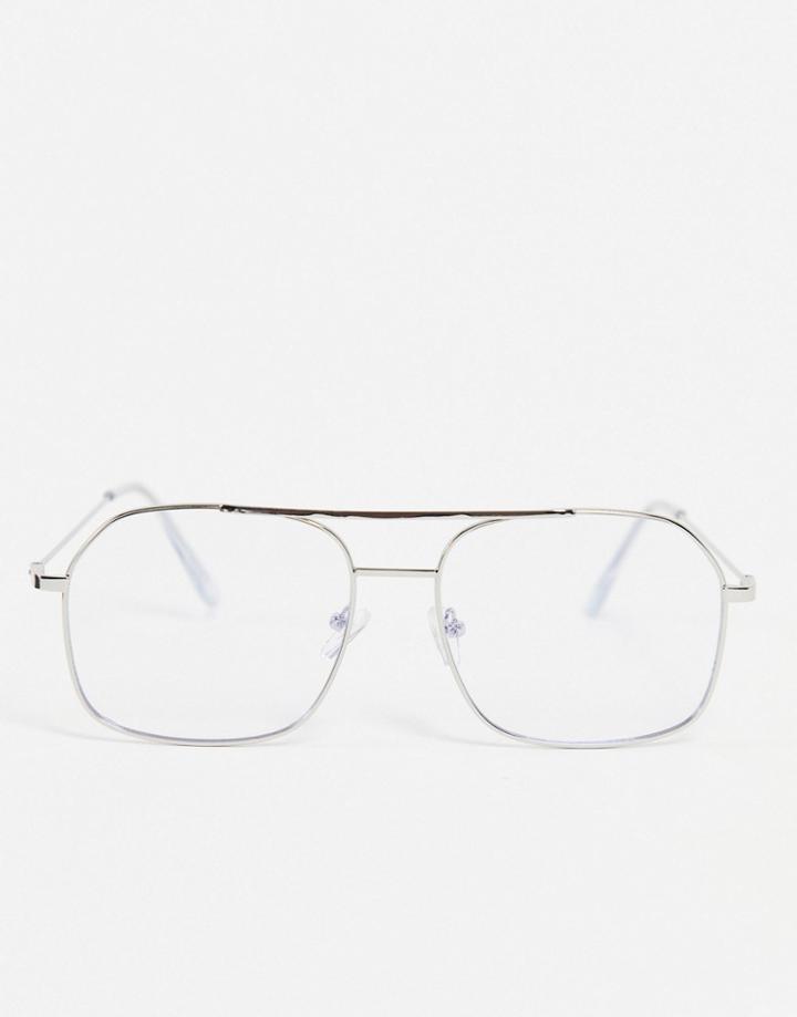 Asos Design Metal Aviator Clear Lens Glasses With Blue Light In Silver