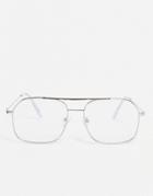 Asos Design Metal Aviator Clear Lens Glasses With Blue Light In Silver