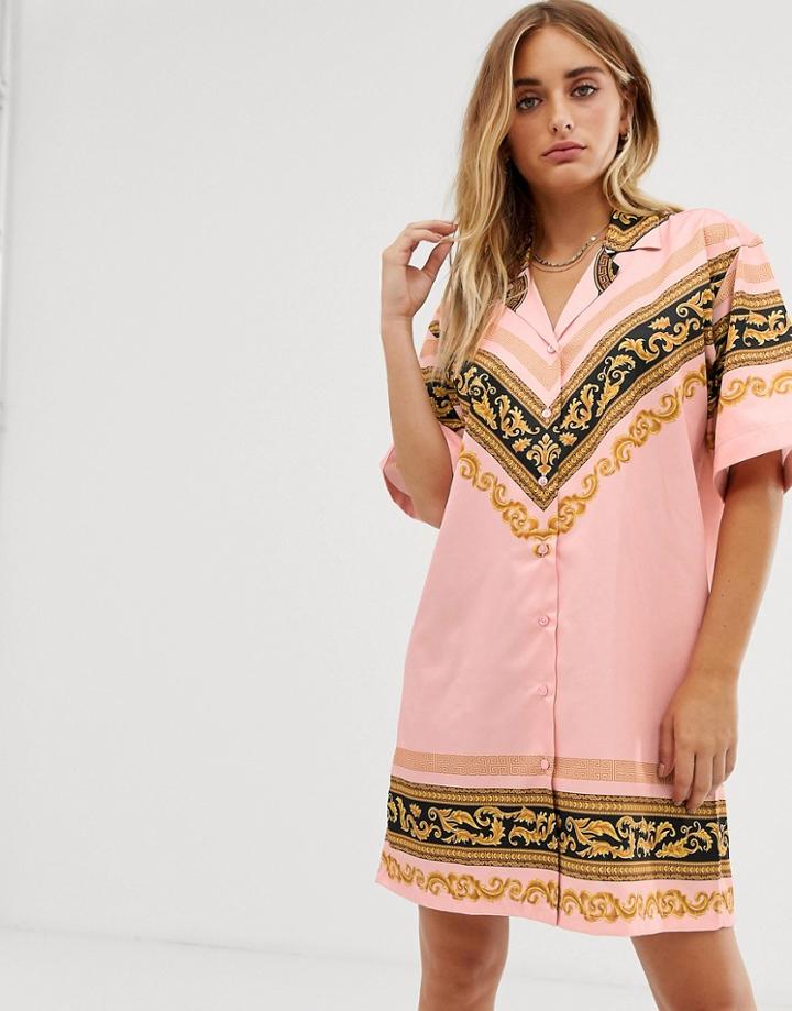 Criminal Damage Oversized Shirt Dress With Baroque Panel Print - Pink