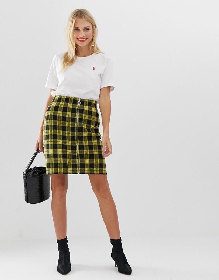 Pieces Plaid Zip Through A Line Mini Skirt-yellow