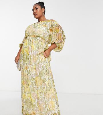 Asos Design Curve Off Shoulder Maxi Dress With Blouson Sleeve In Self Stripe In Meadow Floral-yellow