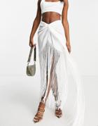 Asos Design Wrap Linen Skirt With Fringe In White