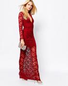 Missguided Lace Plunge Maxi Dress - Burgundy