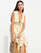 Asos Design Ruched Waist Midi Tea Dress In Floral Print-multi