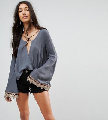 Kiss The Sky Tall Drapey Front Top With Metallic Crochet Trim - Gray