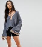 Kiss The Sky Tall Drapey Front Top With Metallic Crochet Trim - Gray