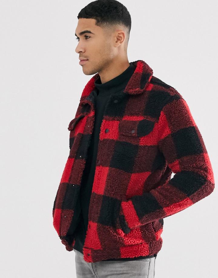 Brave Soul Check Borg Jacket In Red