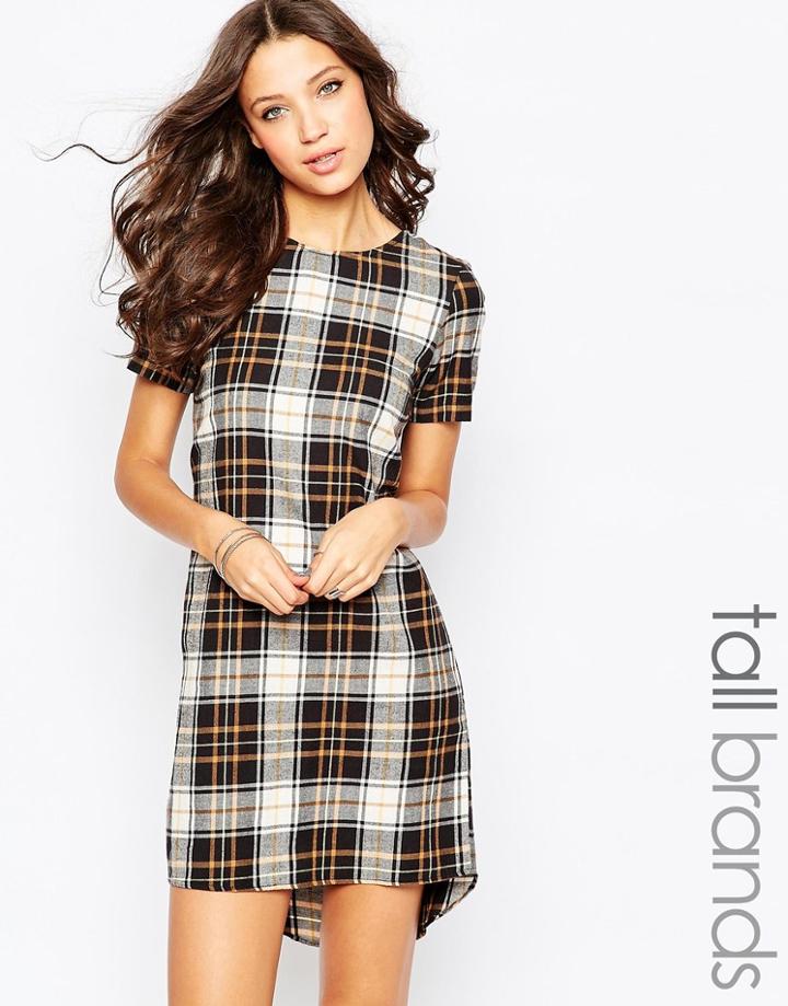 Noisy May Tall Short Sleeve Check Shift Dress - Caramel