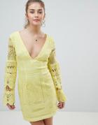 Prettylittlething V Neck Lace Mini Dress - Yellow