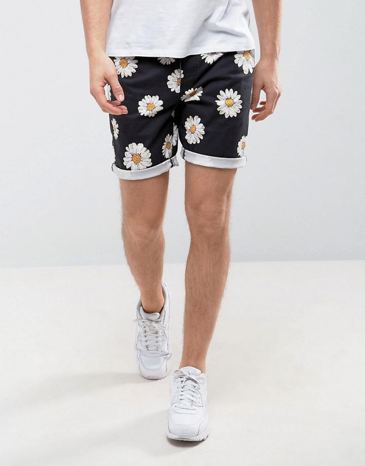Asos Slim Chino Shorts With Daisy Print - Black