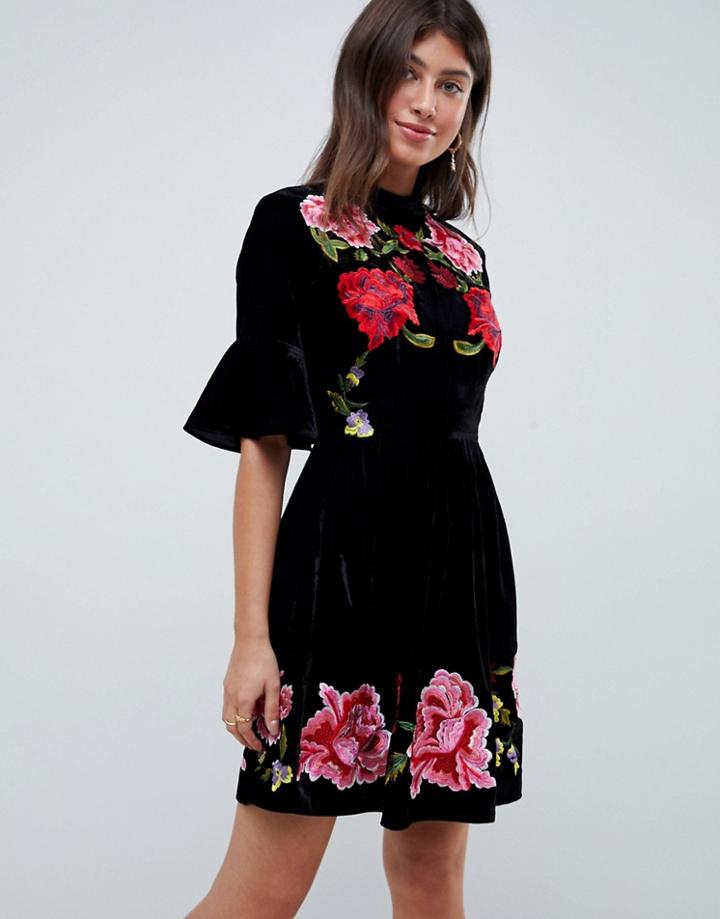 Asos Design Velvet Embroidered Skater Mini Dress - Black