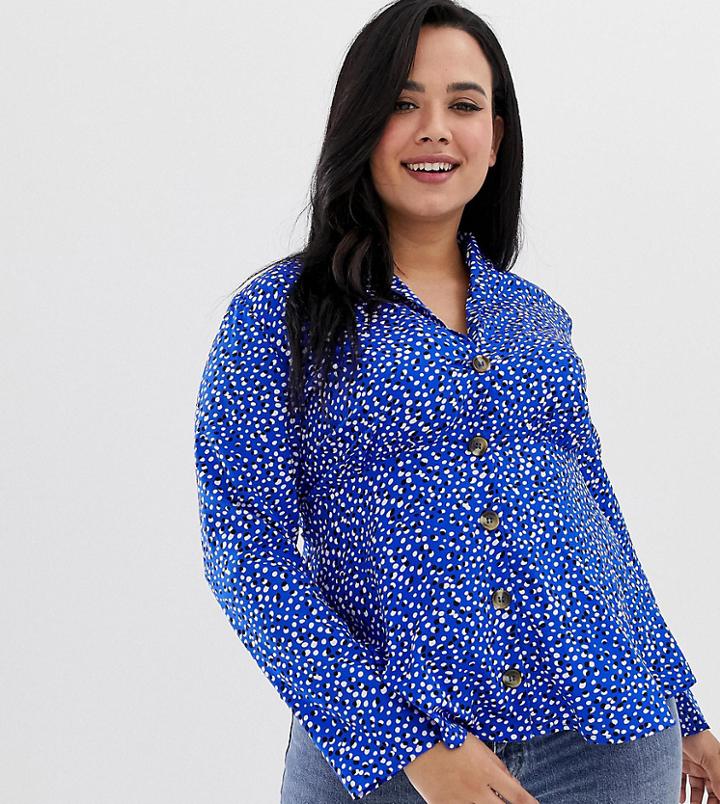 Influence Plus Collar Detail Tea Blouse In Splodge Print With Button Front-blue