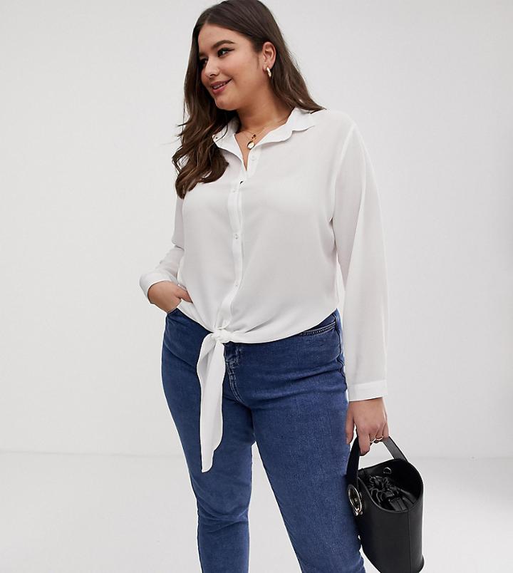 Brave Soul Plus Nili Tie Front Shirt - Cream