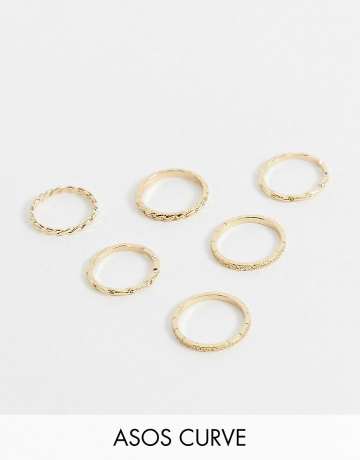 Asos Design Curve Pack Of 6 Rings In Mixed Chain Design In Gold - Gold