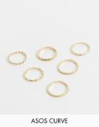 Asos Design Curve Pack Of 6 Rings In Mixed Chain Design In Gold - Gold
