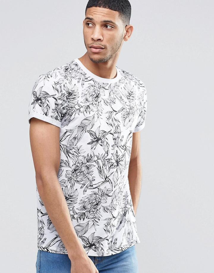 Asos T-shirt With Sketchy Floral Monochrome Print And Roll Sleeve - White