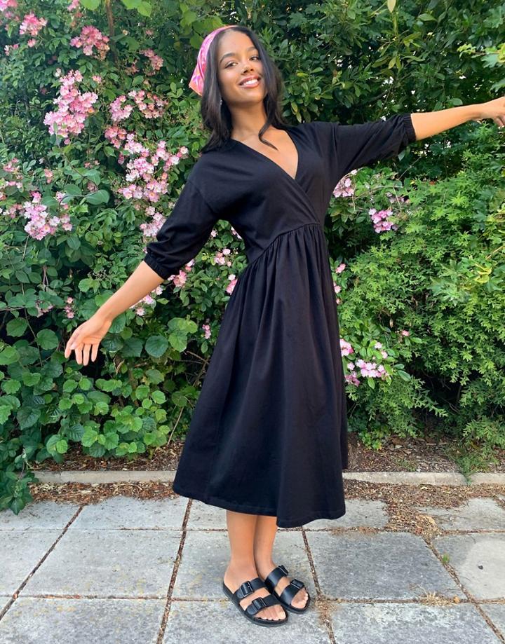 Asos Design Midi Smock Dress With Wrap Top In Black