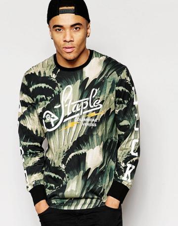 Staple Pigeon Long Sleeve T-shirt In Feather Print - Olive