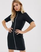 Asos Design Mini Rib Bodycon Dress With Contrast Stitch - Black