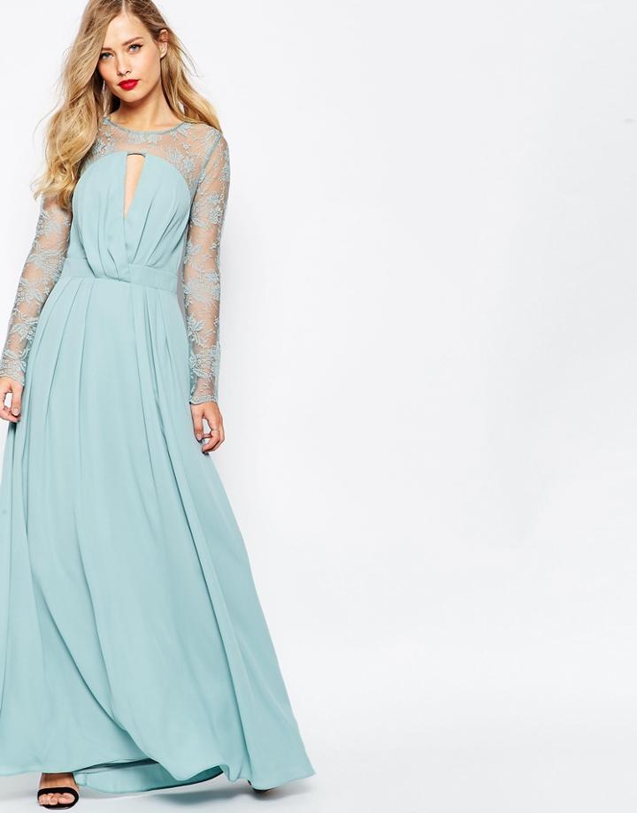 Asos Kate Lace Maxi Dress With Long Sleeves - Navy