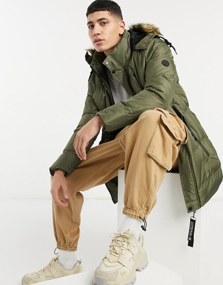 Soul Star Longline Parka With Faux Fur Hood In Khaki-green