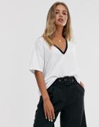 Asos Design Tipped V Neck T-shirt In White - White