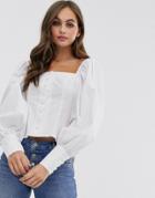 Asos Design Long Sleeve Square Neck Top With Button Detail In Cotton - Clear