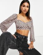 Missguided Crop Top With Long Sleeves In Blush Flocked Spot-pink