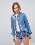 Parisian Denim Jacket With Rose Embroidery - Blue