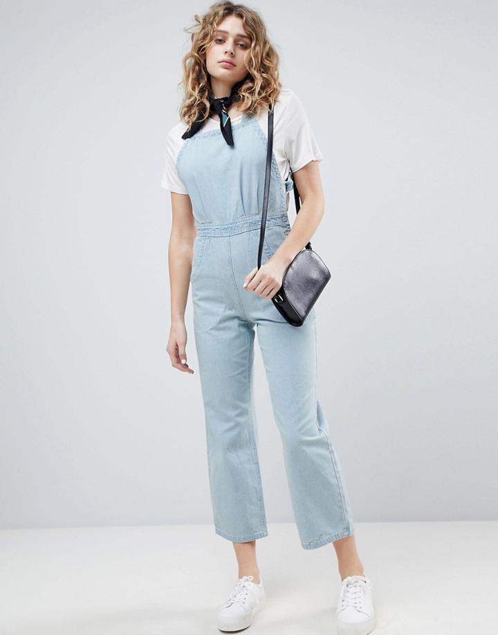Asos Denim Cross Back Jumpsuit In Midwash Blue - Blue