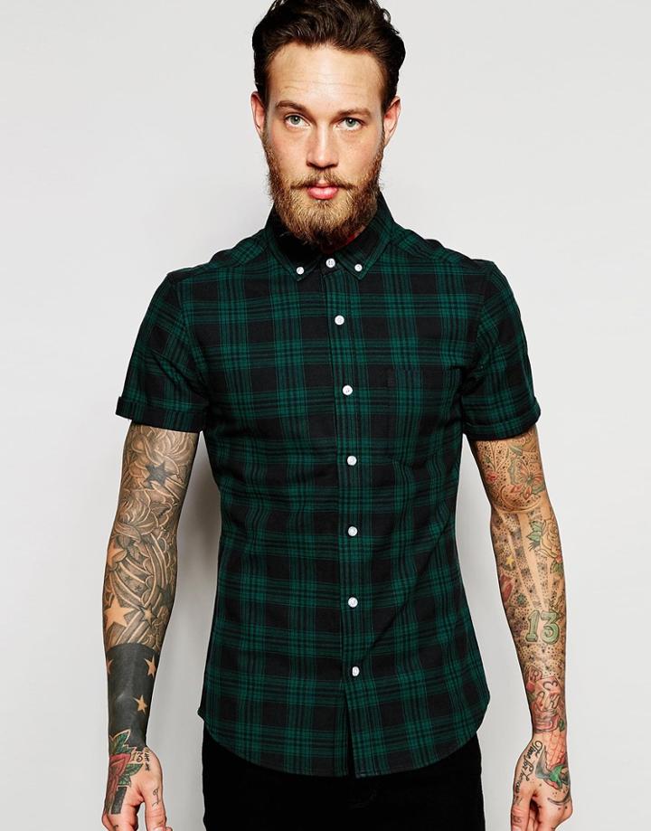 Asos Skinny Shirt With Green Mid Scale Check In Short Sleeves - Green