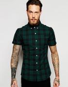 Asos Skinny Shirt With Green Mid Scale Check In Short Sleeves - Green