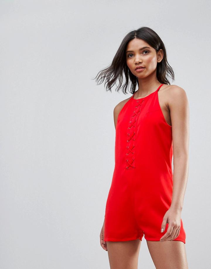 Neon Rose Lace Up Romper - Red