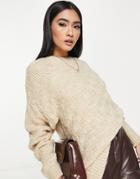 Asos Design Crew Neck Sweater In Textured Stitch Pattern In Oatmeal-neutral