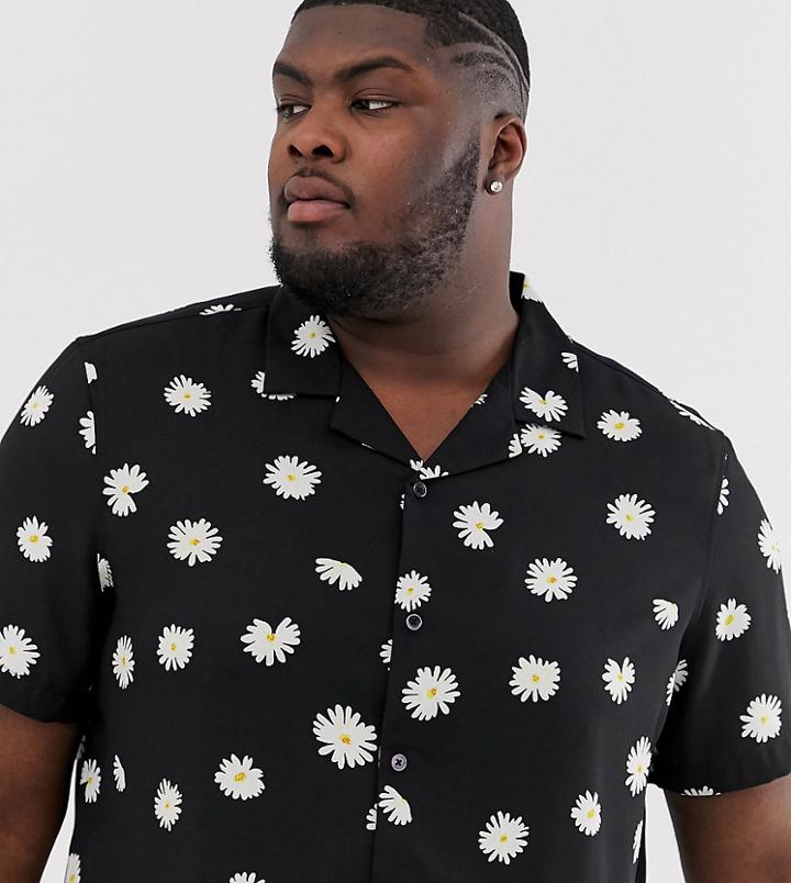 Asos Design Plus Regular Fit Daisy Print Shirt With Revere Collar-black