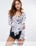 Reclaimed Vintage Sheer Wrap Front Top In Floral Print - Blue