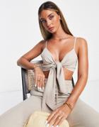 Asos Design Linen Tie Front Cropped Suit Top In Neutral