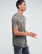 Asos Longline T-shirt In Linen Look With Curved Hem And Khaki Floral Print - Green