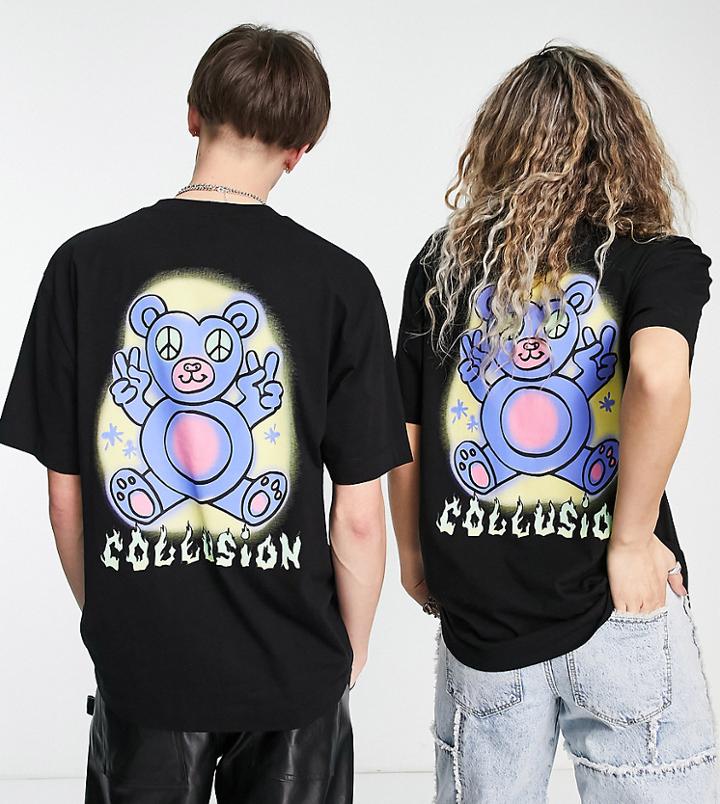 Collusion Unisex T-shirt With Cute Bear Print In Black