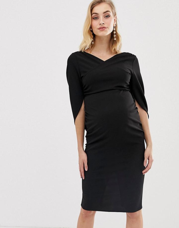 Asos Design Maternity Minimal Drape Front Pencil Dress With Cowl Back Sleeve Detail - Black
