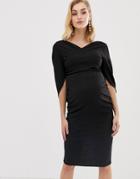 Asos Design Maternity Minimal Drape Front Pencil Dress With Cowl Back Sleeve Detail - Black