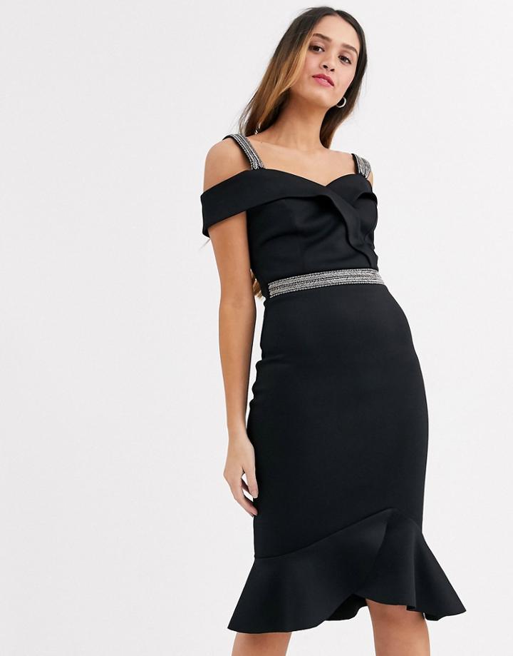 Lipsy Scuba Ruffle Hem Midi Dress With Embellished Trim Details In Black