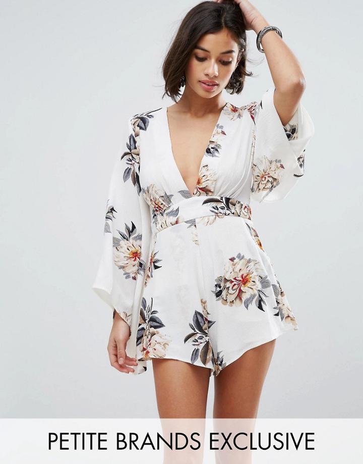Sisters Of The Tribe Petite Printed Plunge Front Wide Sleeve Romper - Multi