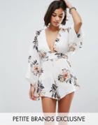 Sisters Of The Tribe Petite Printed Plunge Front Wide Sleeve Romper - Multi