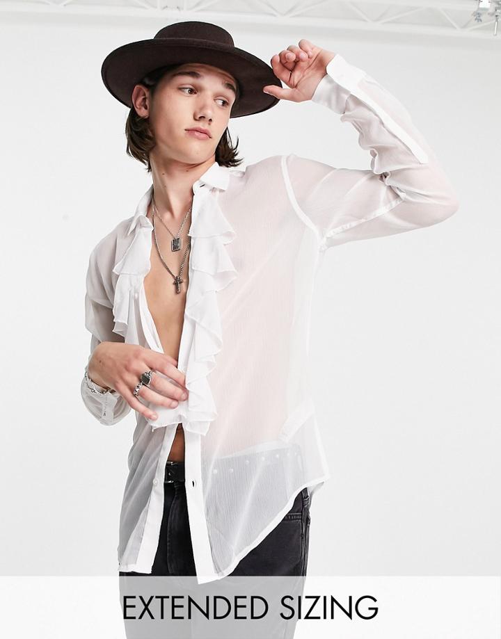 Asos Design Regular Sheer Shirt With Ruffle Front Detail In Recycled Polyester In White
